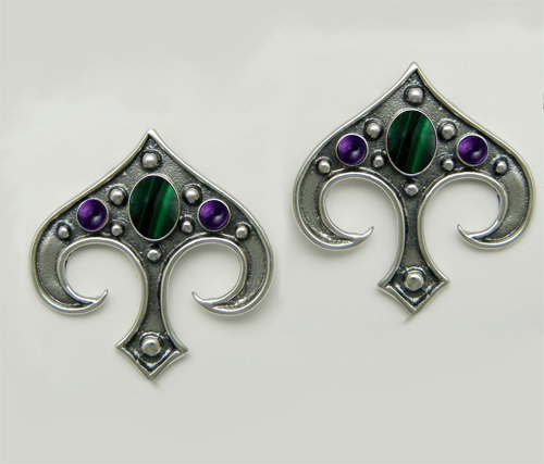 Sterling Silver Gothic Inspired Drop Dangle Earrings With Malachite And Amethyst